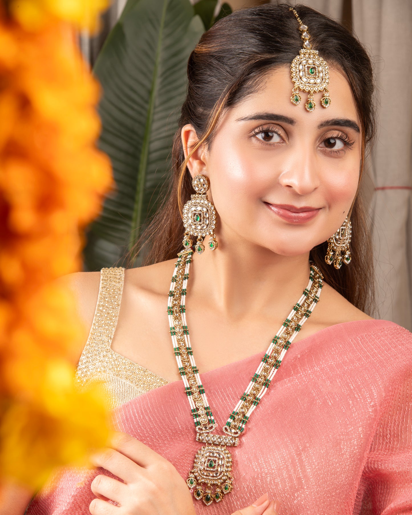 Green Shivangi Premium Long Necklace With Earring & Teeka