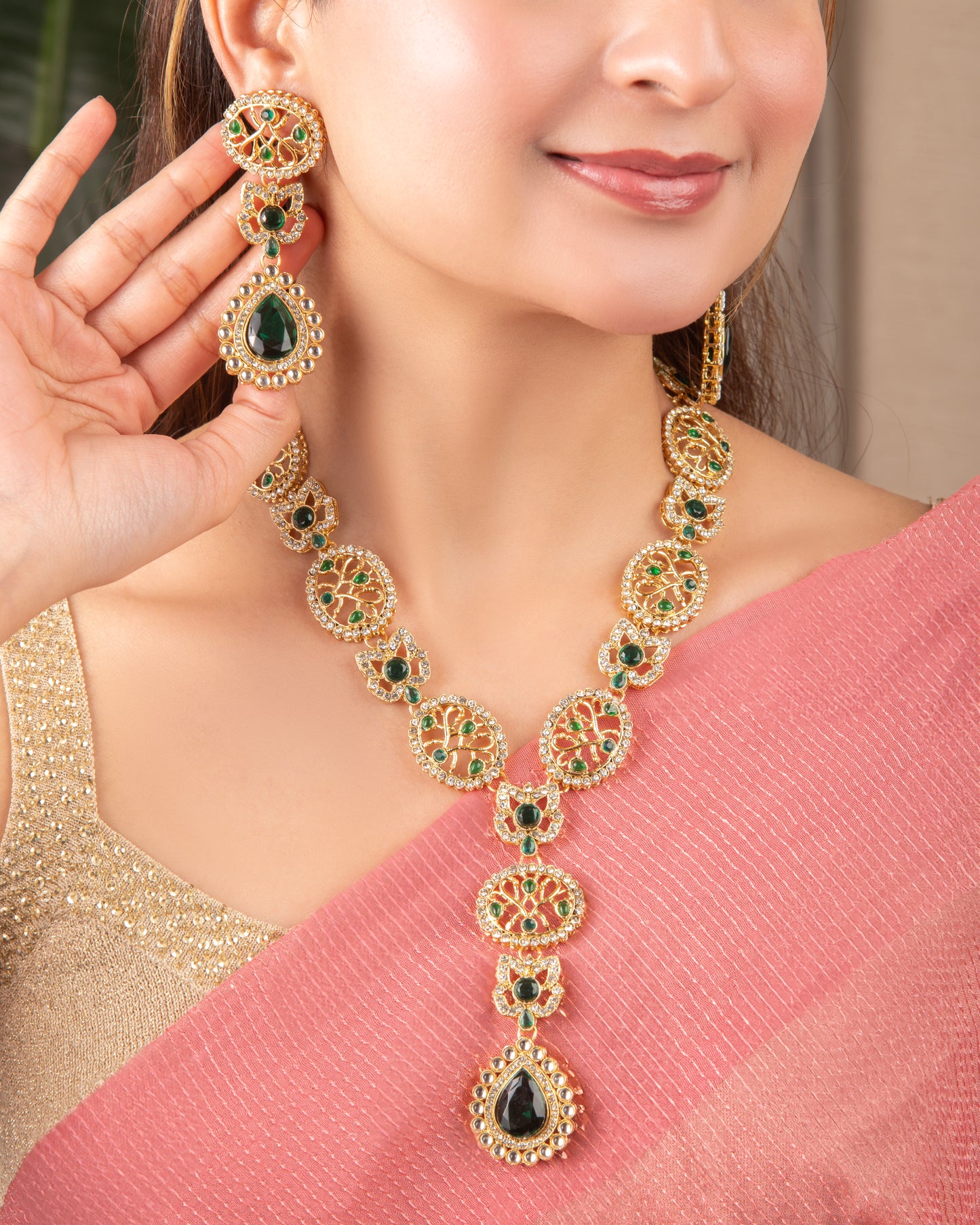 Green Zivah Long Necklace Set with Earring and Teeka
