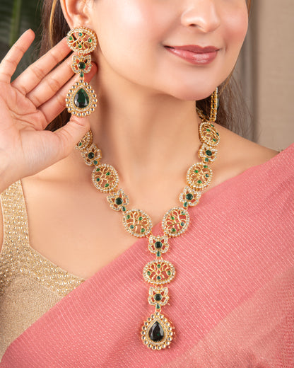 Green Zivah Long Necklace Set with Earring and Teeka