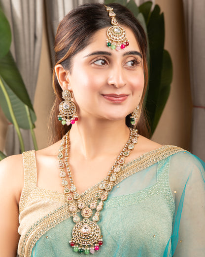 Multi Safiya Premium Long Meenakari detailed Necklace with Earring and Teeka