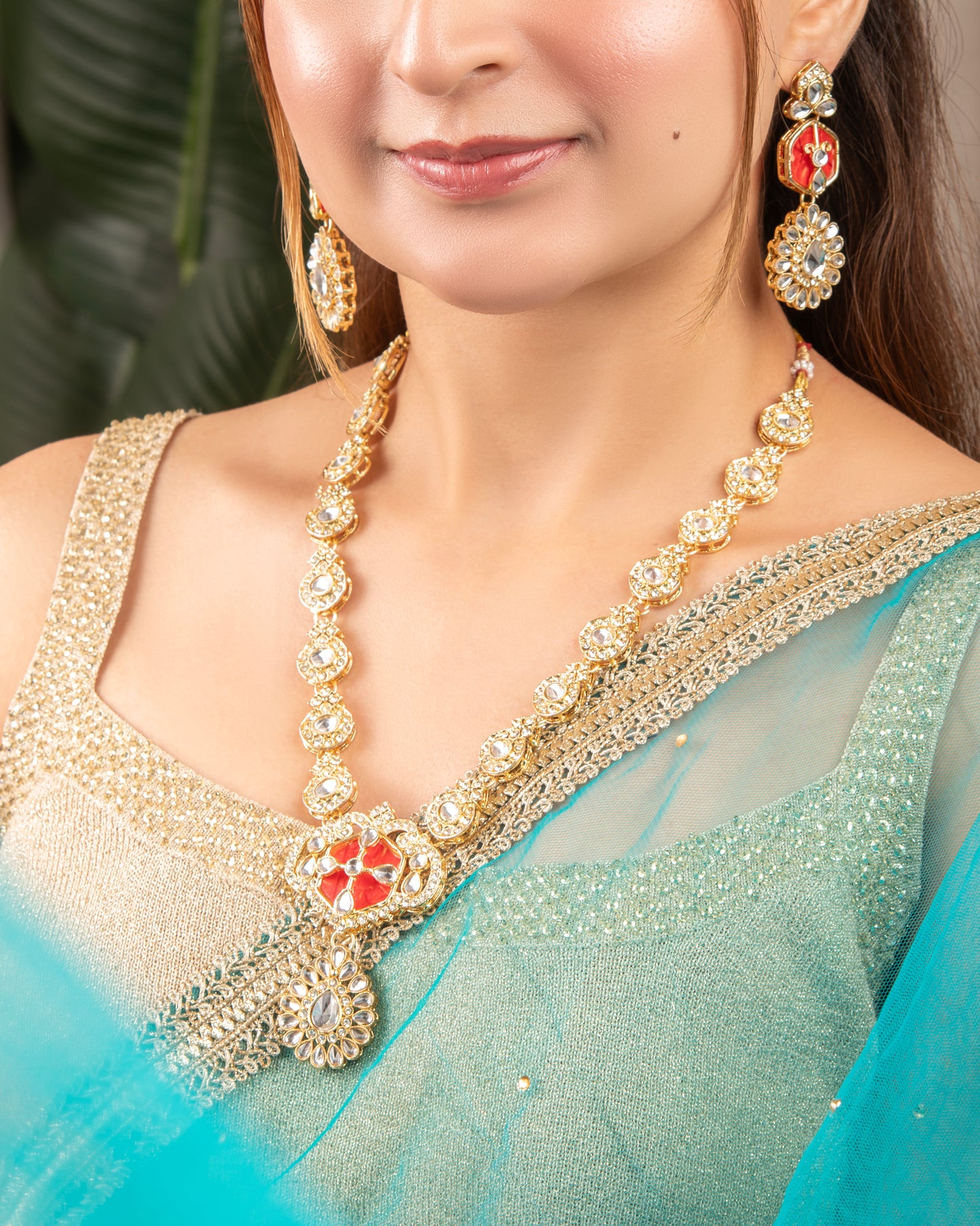 Red Vrinda Long Necklace Set with Earring and Teeka