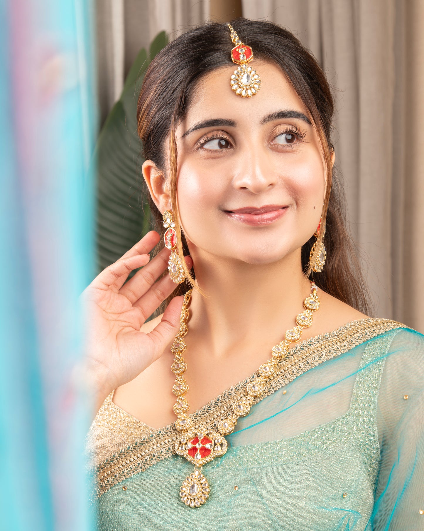 Red Vrinda Long Necklace Set with Earring and Teeka