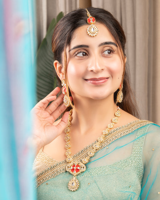 Red Vrinda Long Necklace Set with Earring and Teeka