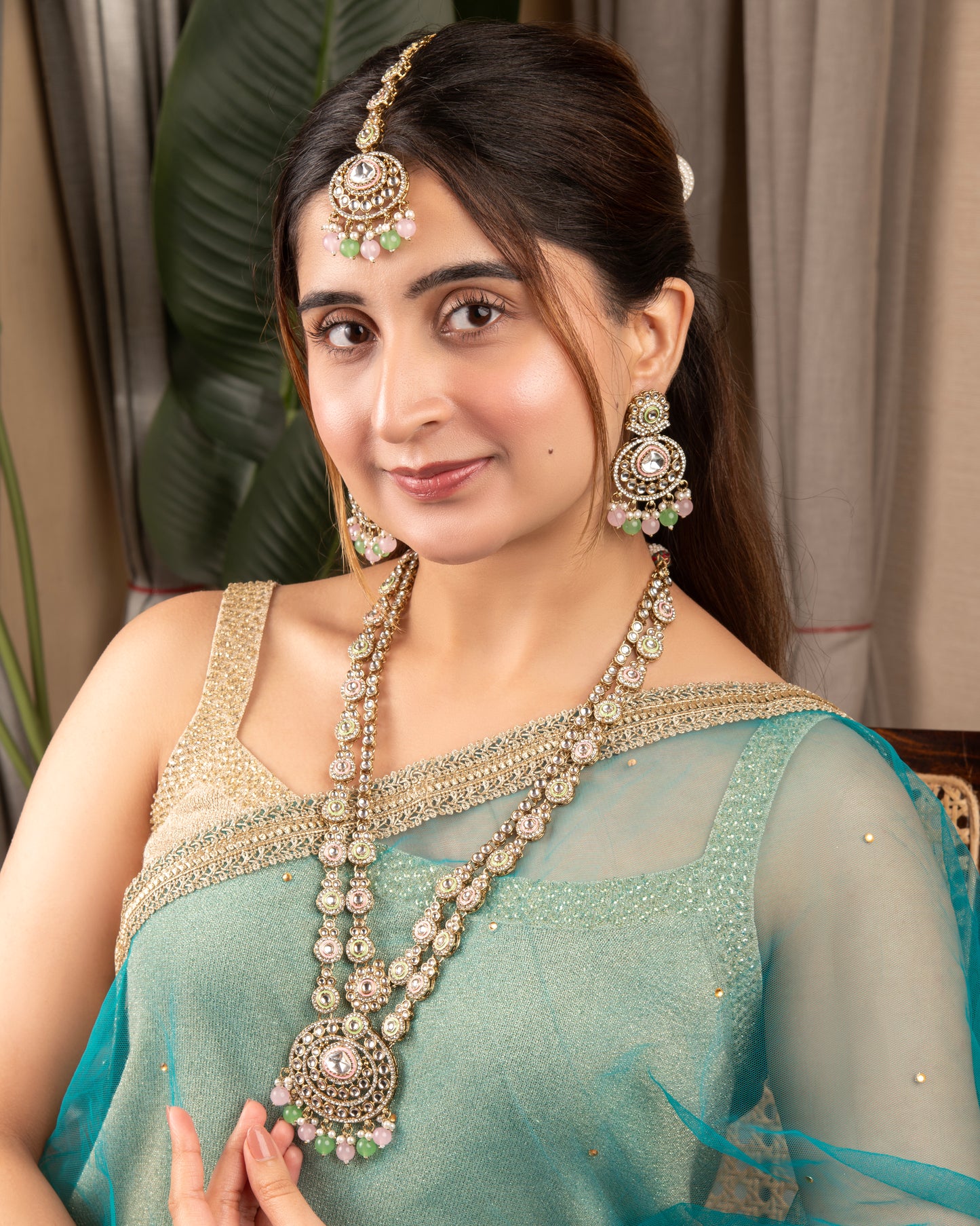 Pastel Safiya Premium Long Meenakari detailed Necklace with Earring and Teeka