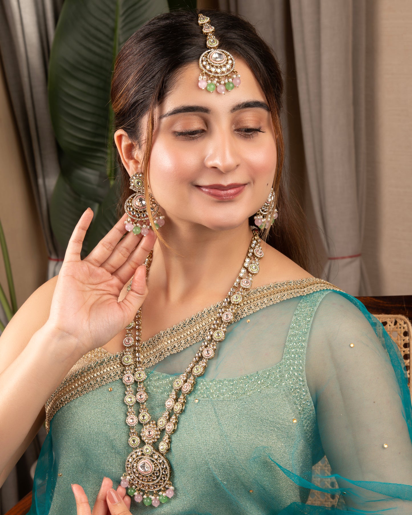 Pastel Safiya Premium Long Meenakari detailed Necklace with Earring and Teeka