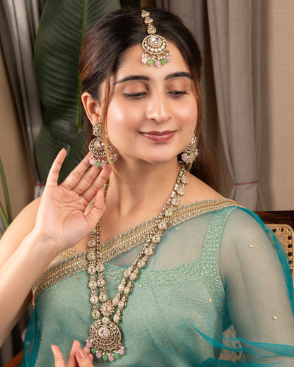 Pastel Safiya Premium Long Meenakari detailed Necklace with Earring and Teeka