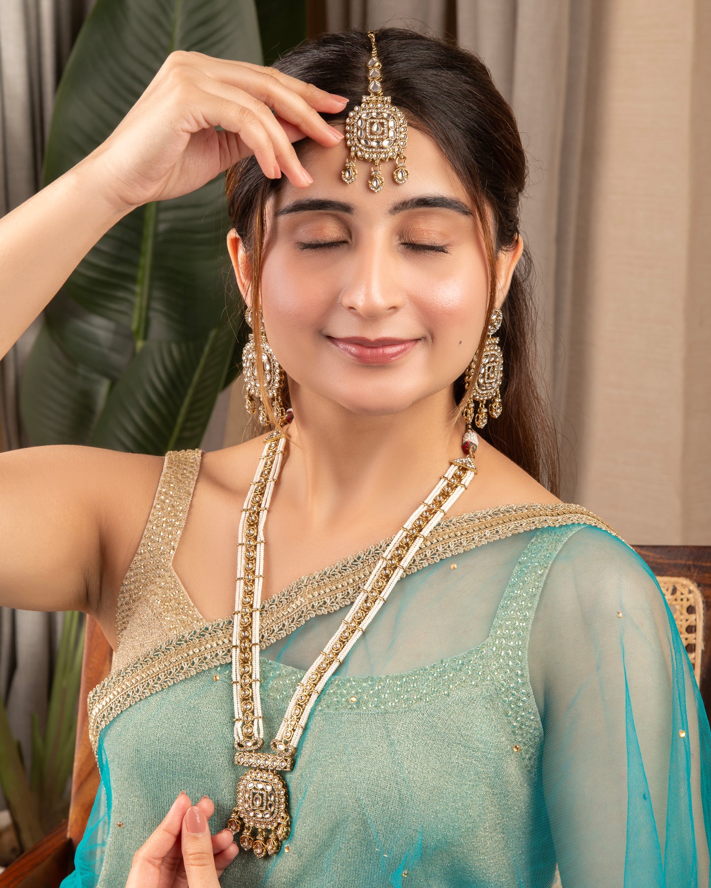 Pearl Shivangi Premium Long Necklace With Earring & Teeka