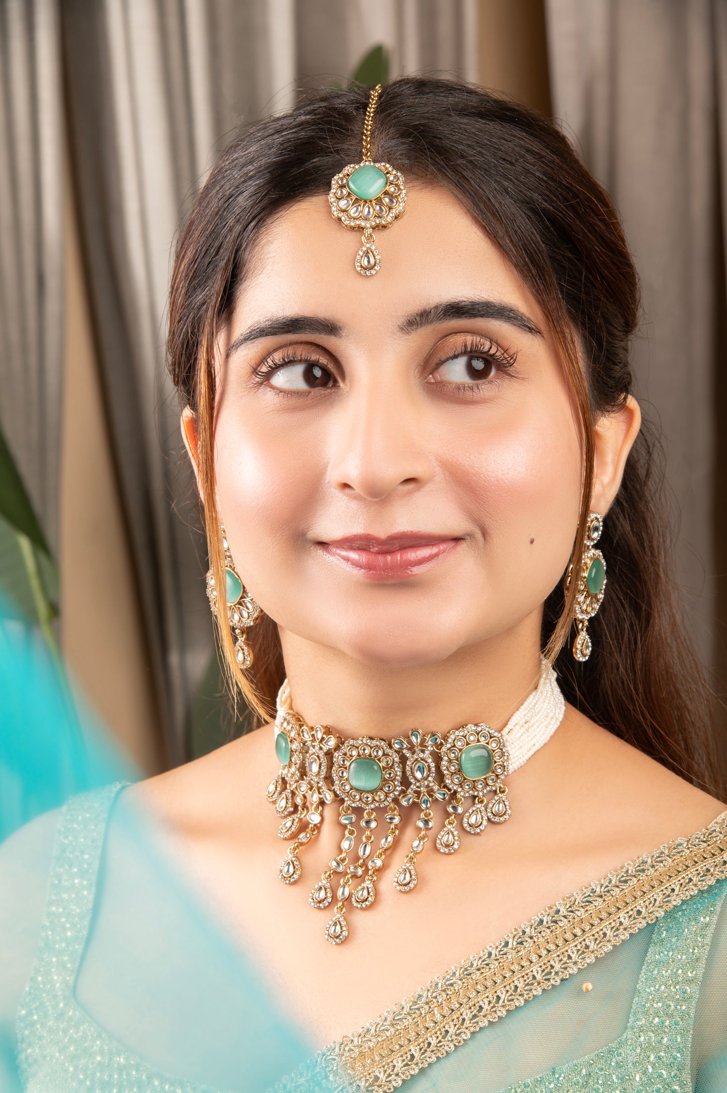Mint Green Meher Premium Necklace with Earring and Mangteeka