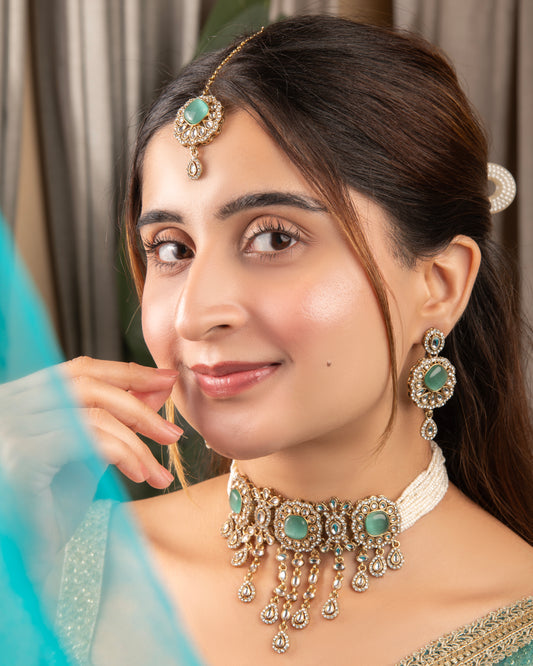 Mint Green Meher Premium Necklace with Earring and Mangteeka