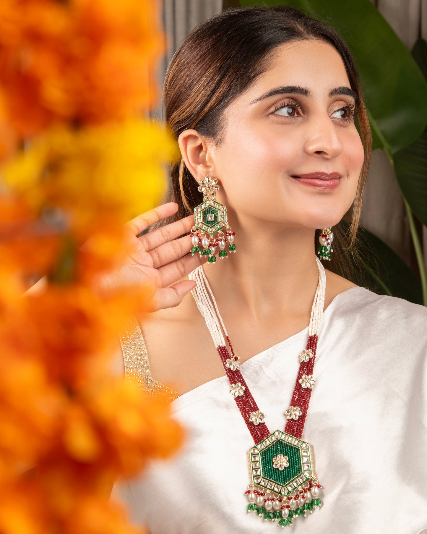 Green Maroon Neelika Long Necklace Set with Earring