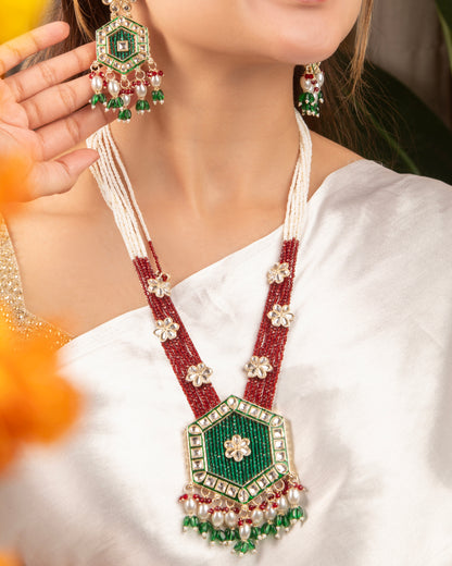 Green Maroon Neelika Long Necklace Set with Earring