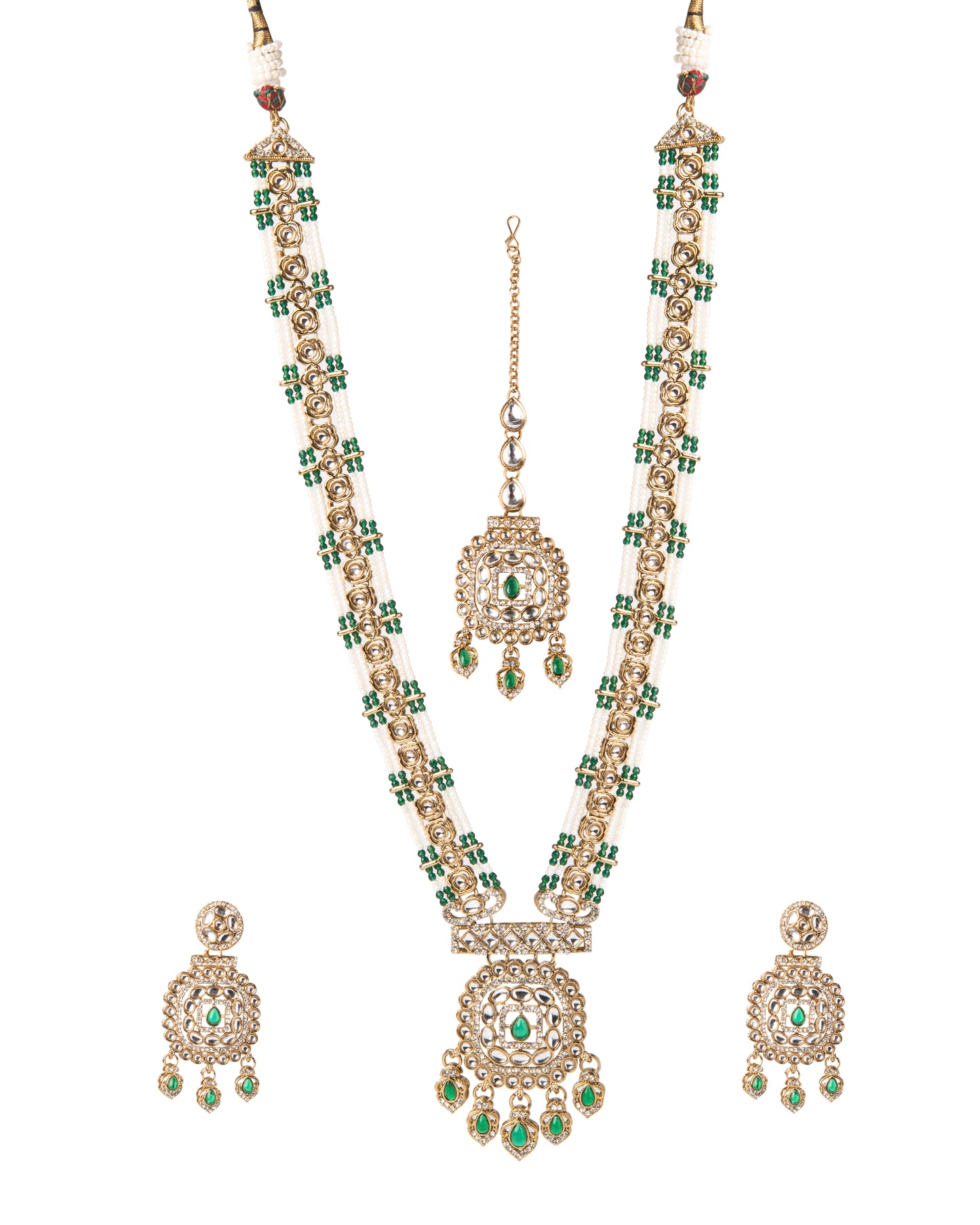 Green Shivangi Premium Long Necklace With Earring & Teeka