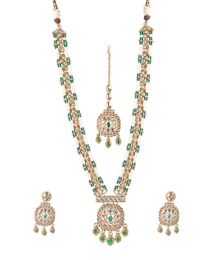Green Shivangi Premium Long Necklace With Earring & Teeka