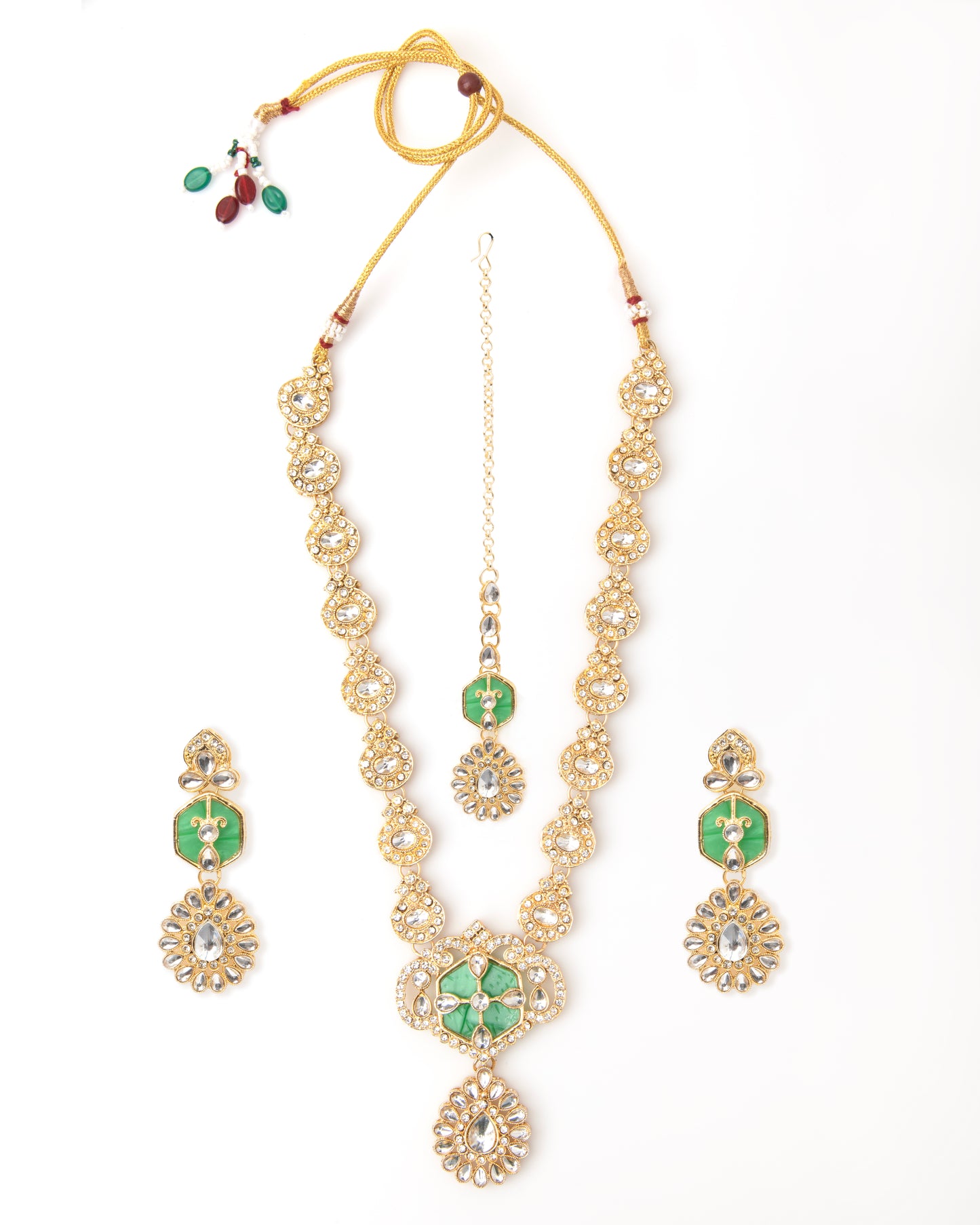 Green Vrinda Long Necklace Set with Earring and Teeka