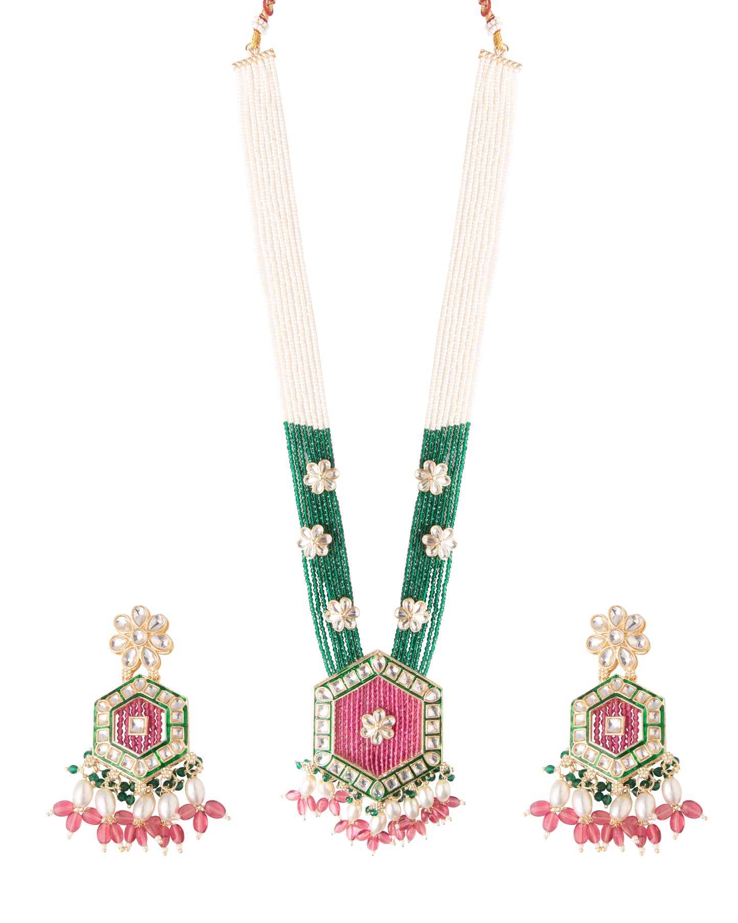 Pink Green Neelika Long Necklace Set with Earring