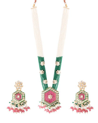 Pink Green Neelika Long Necklace Set with Earring