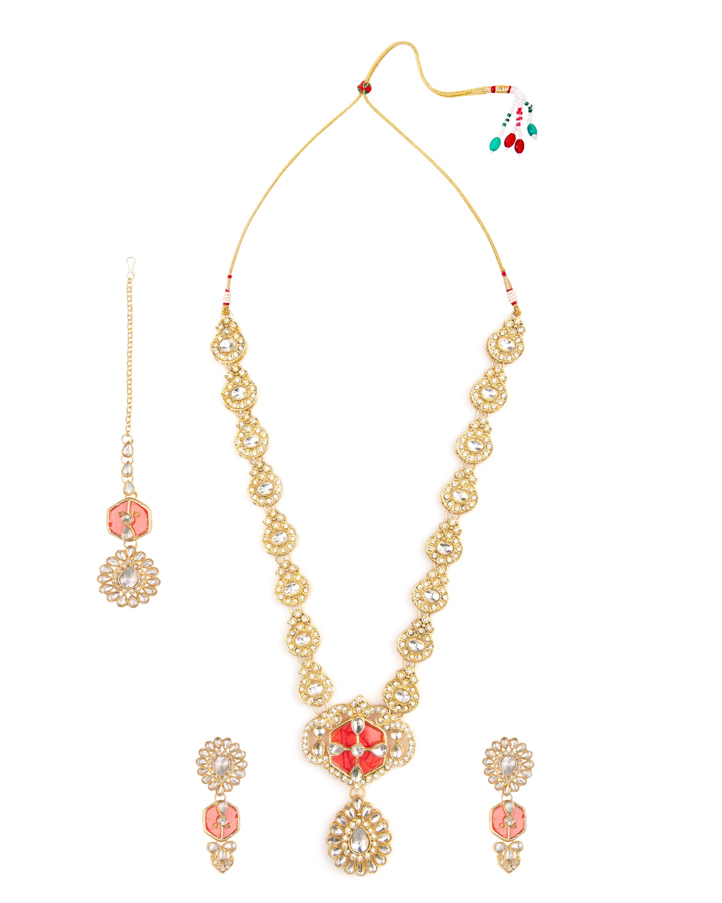 Red Vrinda Long Necklace Set with Earring and Teeka