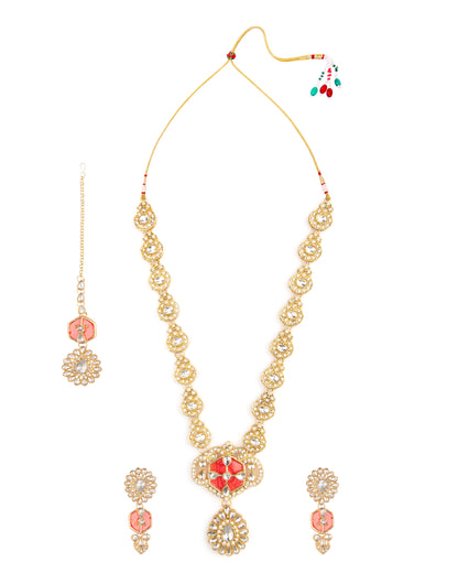 Red Vrinda Long Necklace Set with Earring and Teeka