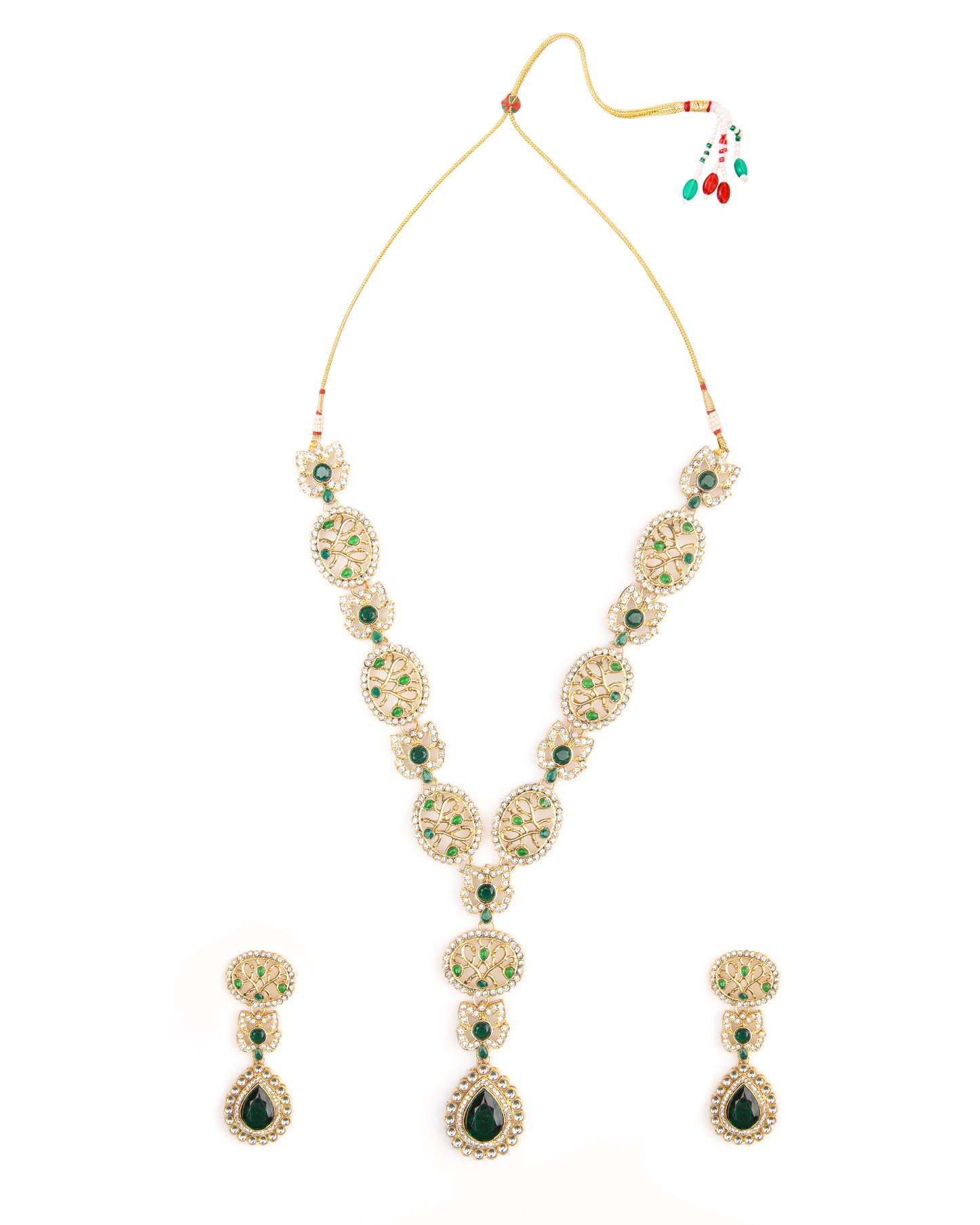 Green Zivah Long Necklace Set with Earring and Teeka