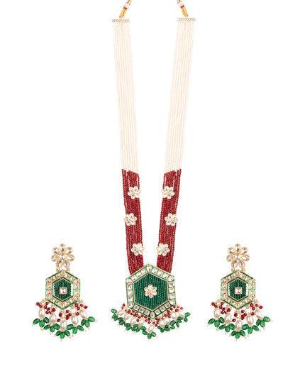 Green Maroon Neelika Long Necklace Set with Earring