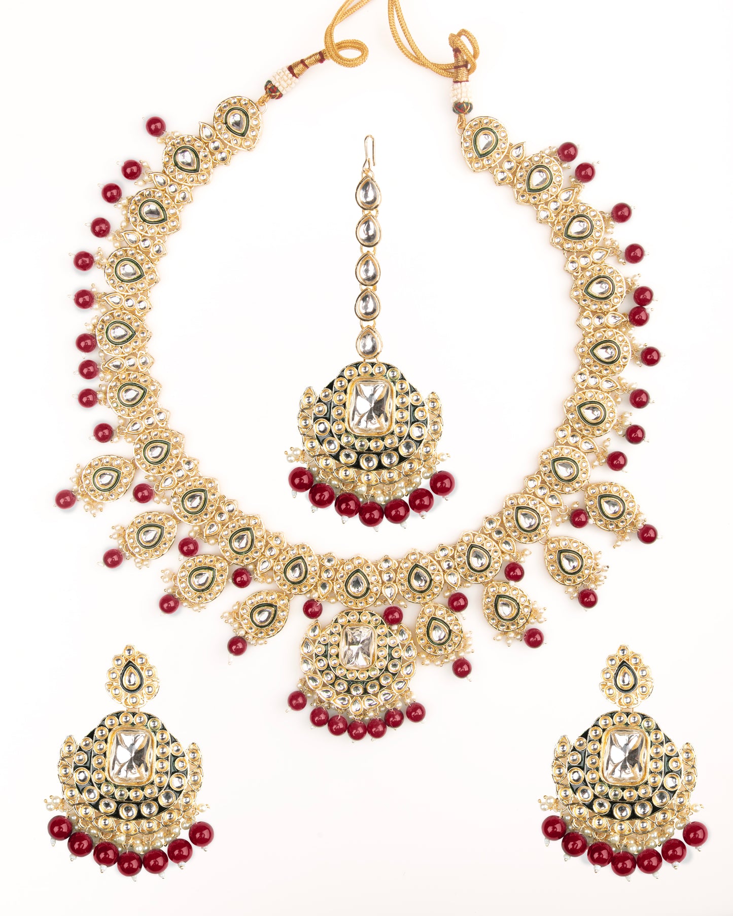 Red Noorika Heritage Kundan Necklace Set With Earring & Maangteeka