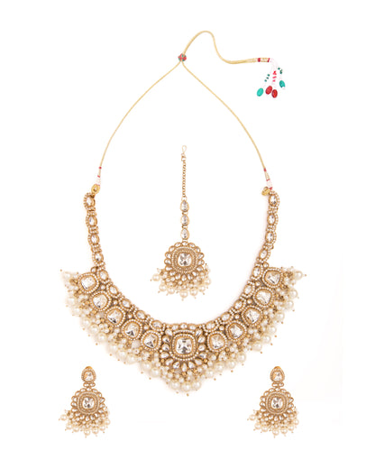 Jasraj Premium Zircone Polki Dupe Pearl Necklace with Earring and Teeka