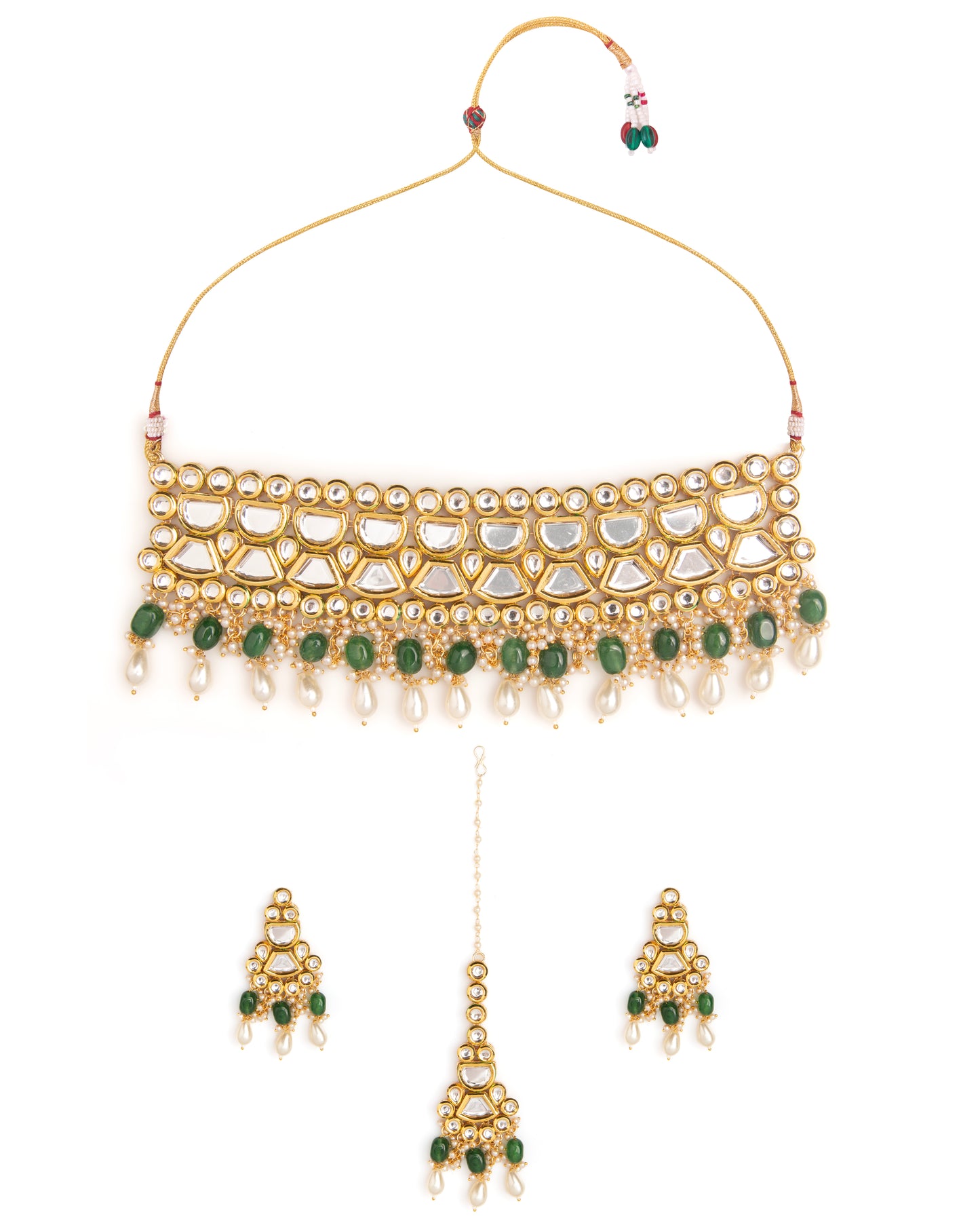 Green Guranshi Dabi Kundan Choker Necklace with Earring and Mangteeka