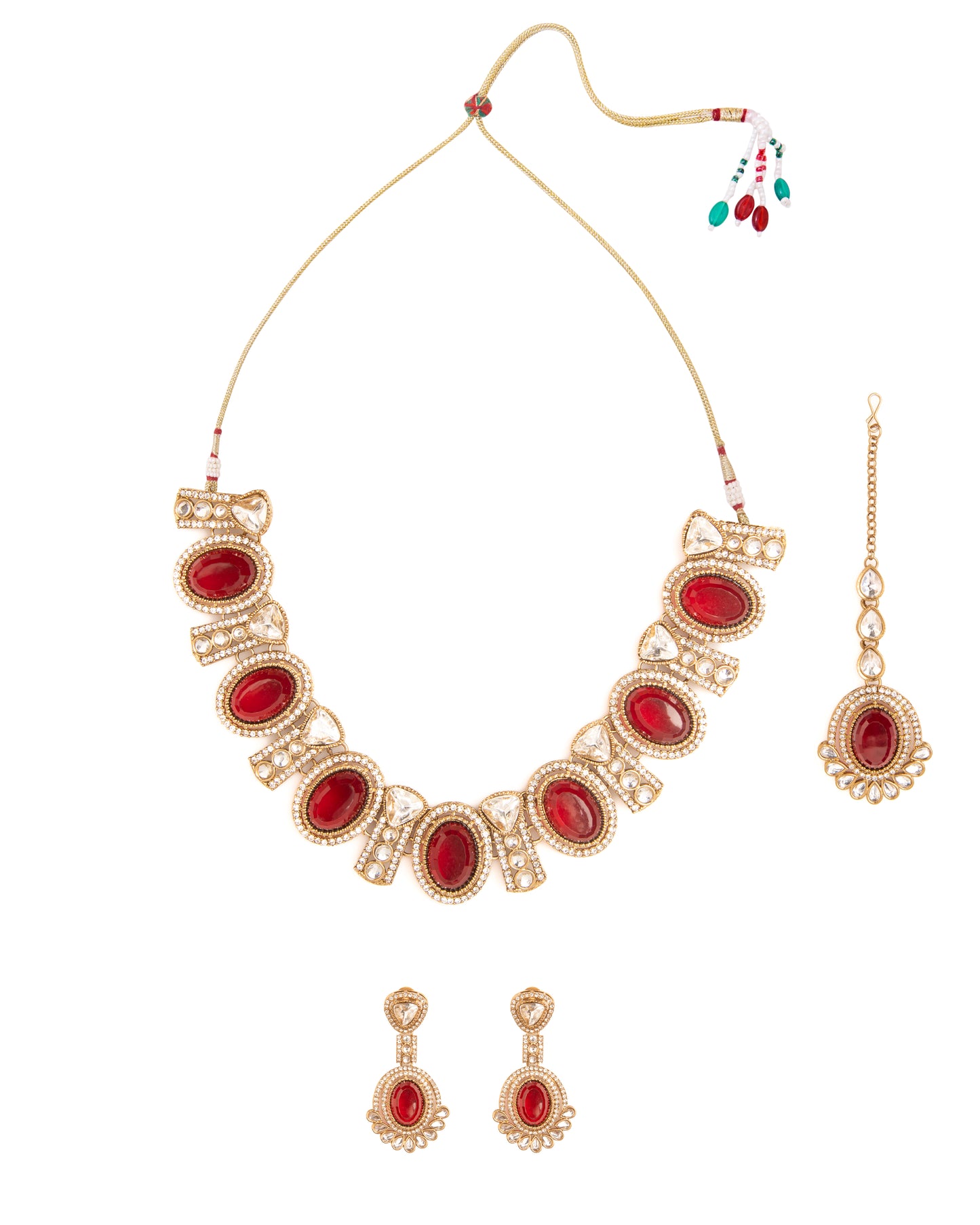 Maroon Taruja Premium Polki Dupe Necklace with Earring and Mangteeka