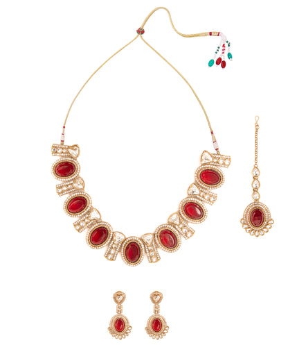Maroon Taruja Premium Polki Dupe Necklace with Earring and Mangteeka