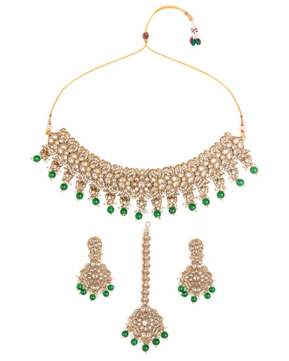 Green Shravya Premium Polki Dupe Necklace with Earring and Teeka