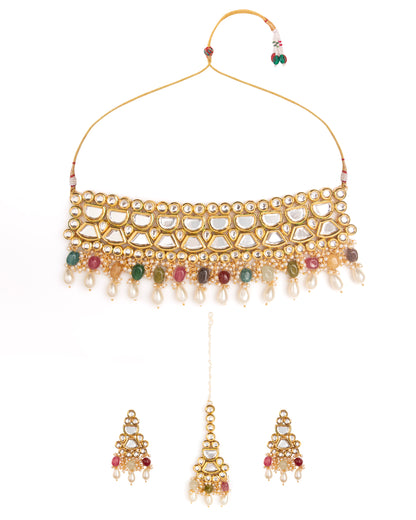 Multi Guranshi Dabi Kundan Choker Necklace with Earring and Mangteeka
