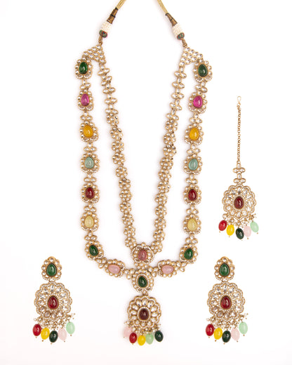 Multi Prabhjot Premium Layer Long Necklace with Earring and Mangteeka