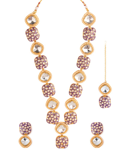 Purple Harleen Meenakari Long Necklace Set with Teeka and Earring