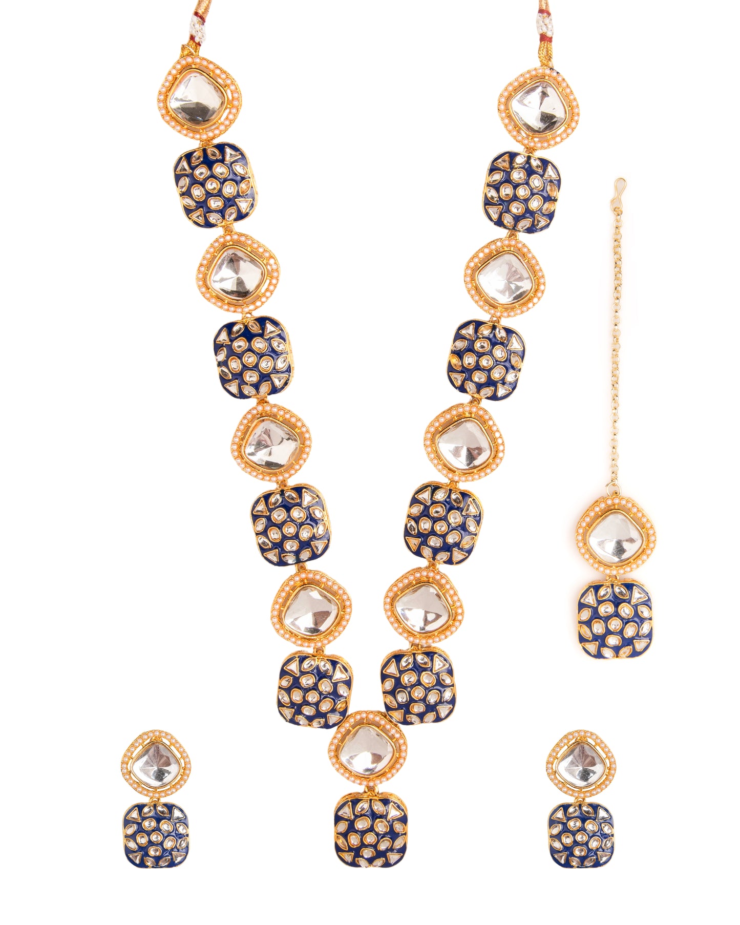 Blue Harleen Meenakari Long Necklace Set with Teeka and Earring