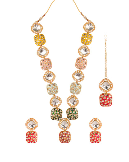 Multi Harleen Meenakari Long Necklace Set with Teeka and Earring