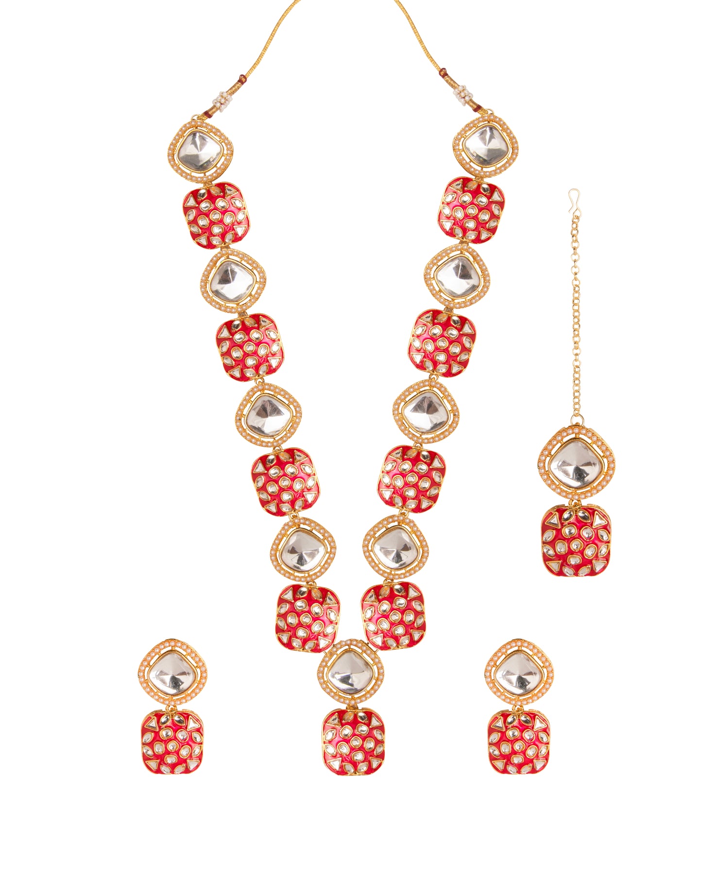 Pink Harleen Meenakari Long Necklace Set with Teeka and Earring