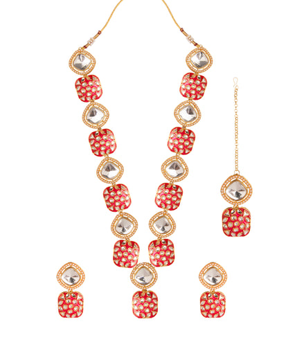 Pink Harleen Meenakari Long Necklace Set with Teeka and Earring