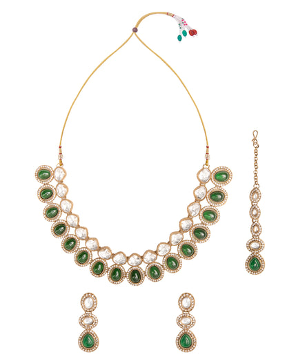 Emerald Arshiya Premium Polki Dupe Necklace with Earring and Teeka