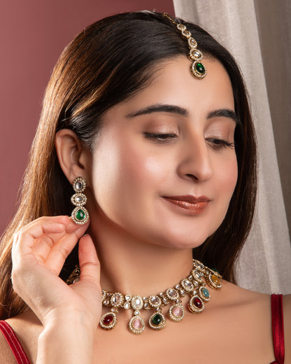 Multi Nivaya Premium Polki Dupe Necklace with Earring and Teeka