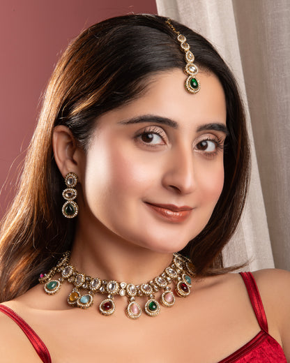 Multi Nivaya Premium Polki Dupe Necklace with Earring and Teeka