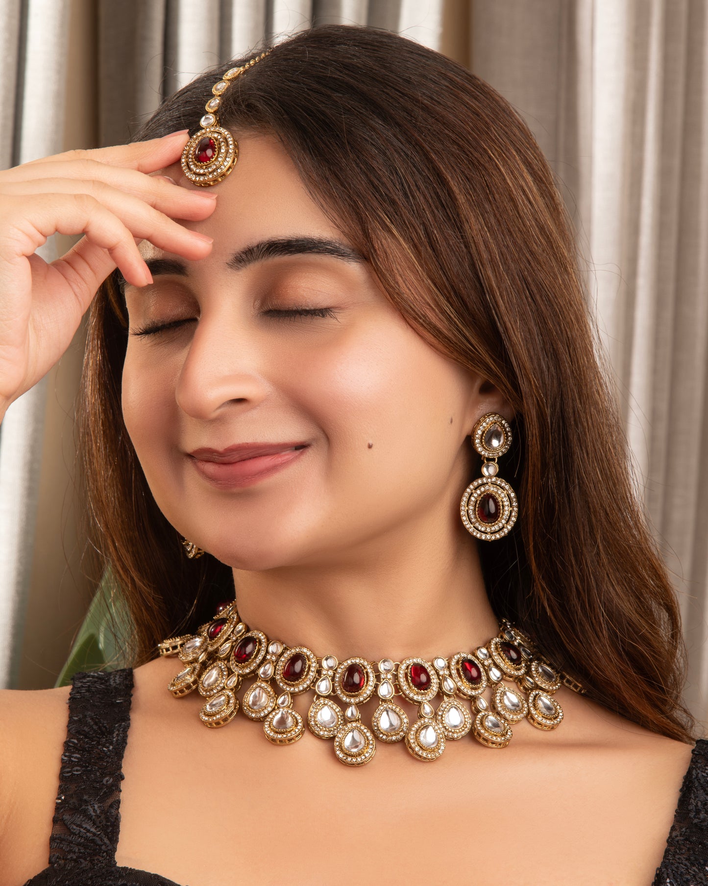 Maroon Sehaj Premium Polki Dupe Necklace with Earring and Teeka
