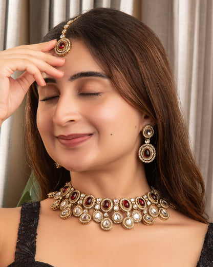 Maroon Sehaj Premium Polki Dupe Necklace with Earring and Teeka