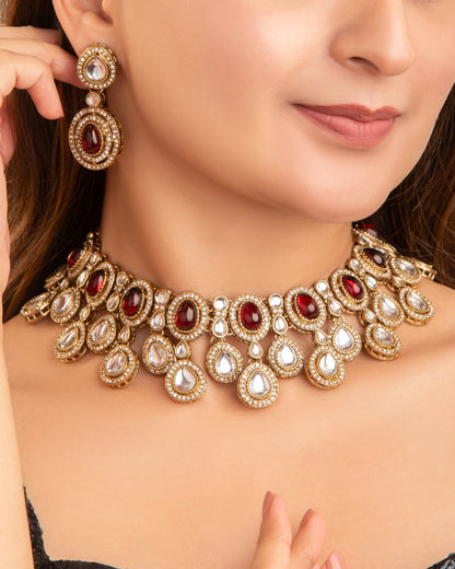Maroon Sehaj Premium Polki Dupe Necklace with Earring and Teeka