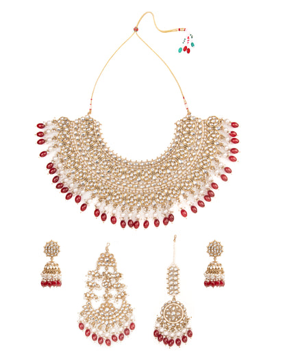 Maroon Navneet Statement Necklace Earring with Teeka and Side Jhumar/Passa