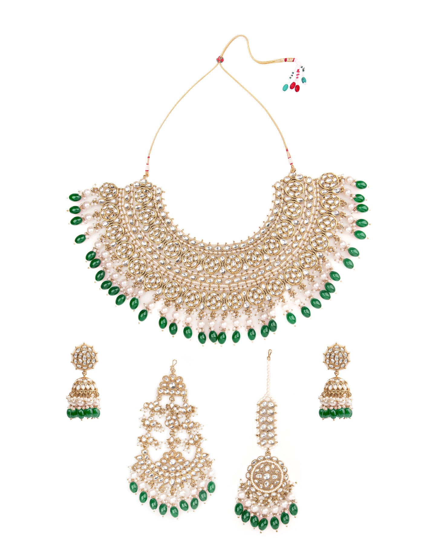 Green Navneet Statement Necklace Earring with Teeka and Side Jhumar/Passa