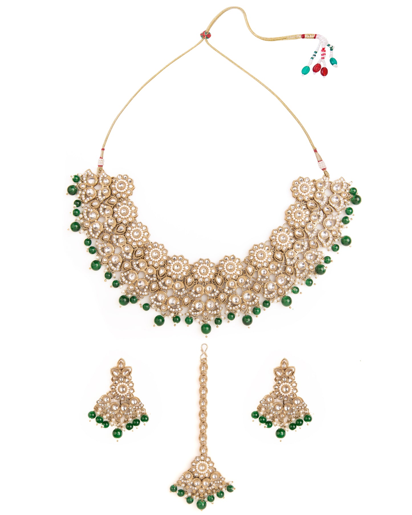 Green Mahvika Premium Necklace with Earring and Teeka
