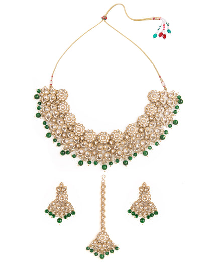 Green Mahvika Premium Necklace with Earring and Teeka