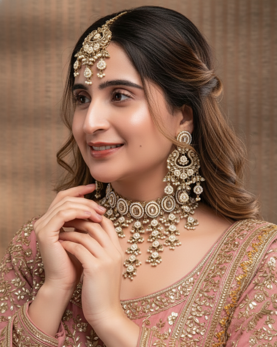 Pearl Ravya Kundan Necklace Set With Earring and Mangteeka