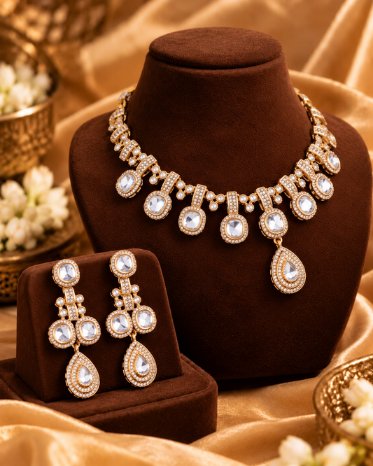 White Kashvika Polki Dupe Necklace Set with Earring and Teeka