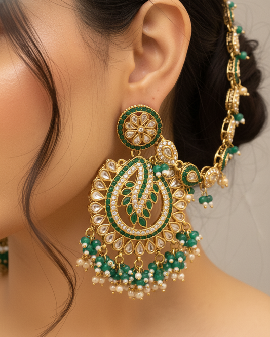 Teal Green Arajashree Bahubali Chandbali with Sahara